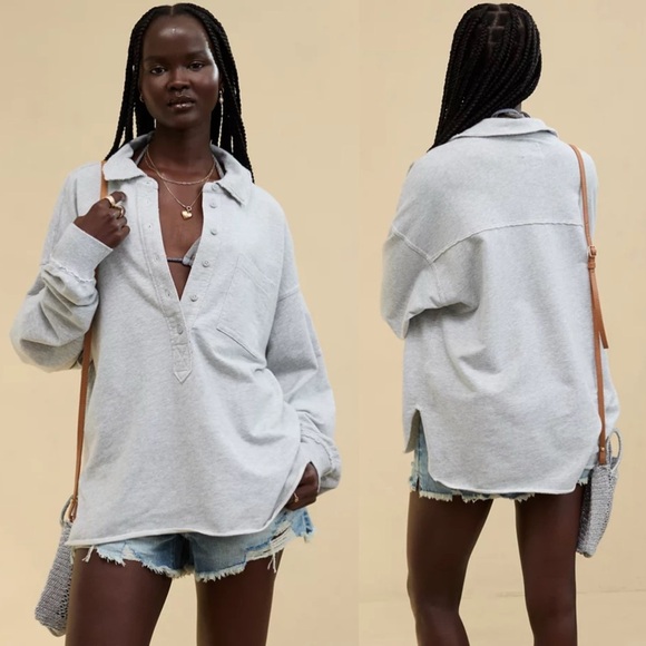 Sz XXS Aerie Take It Easy Popover Polo Sweatshirt In Medium Heather Gray GUC - Picture 5 of 6